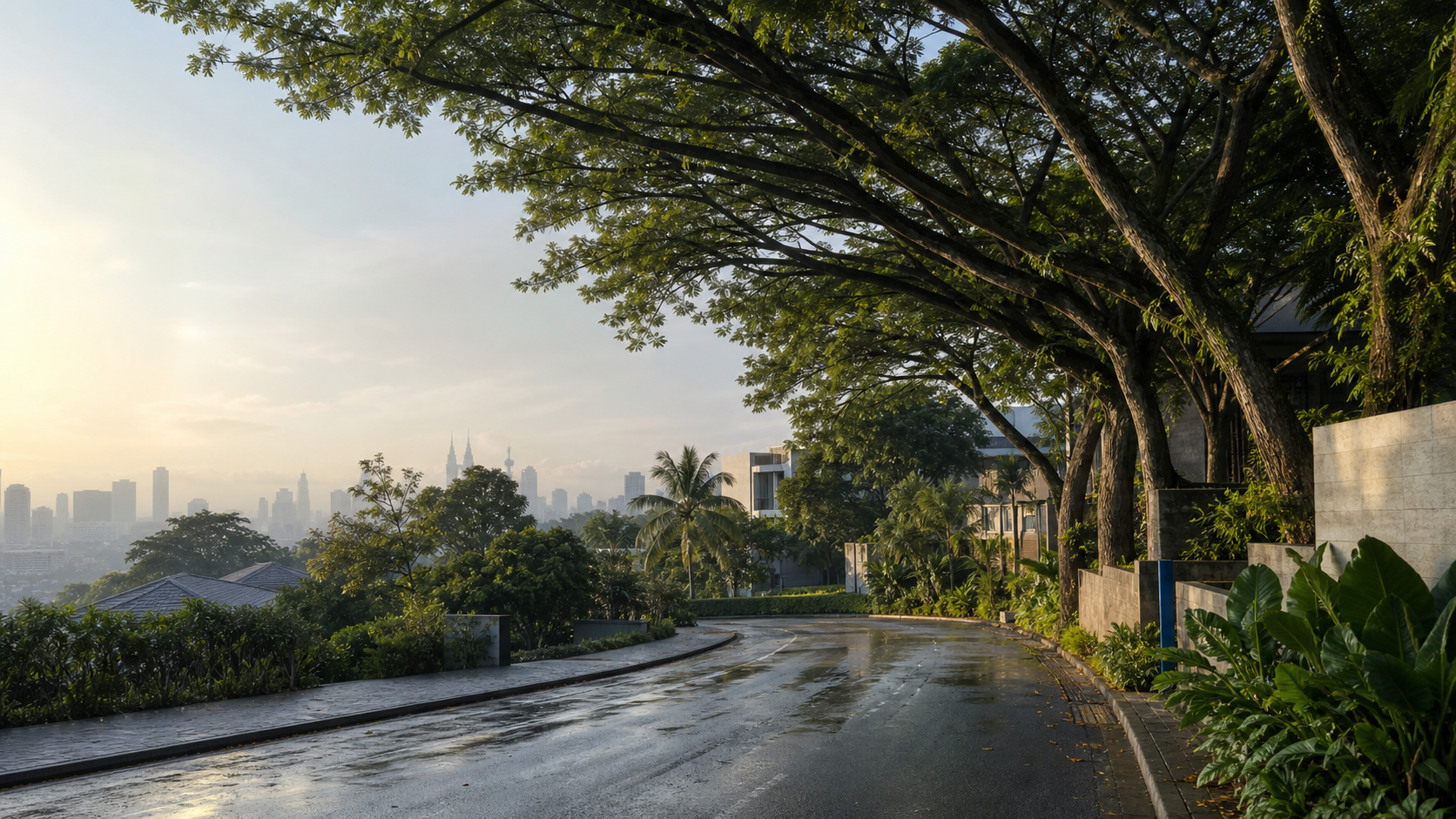 A leafy Kuala Lumpur neighbourhood under mature rain trees